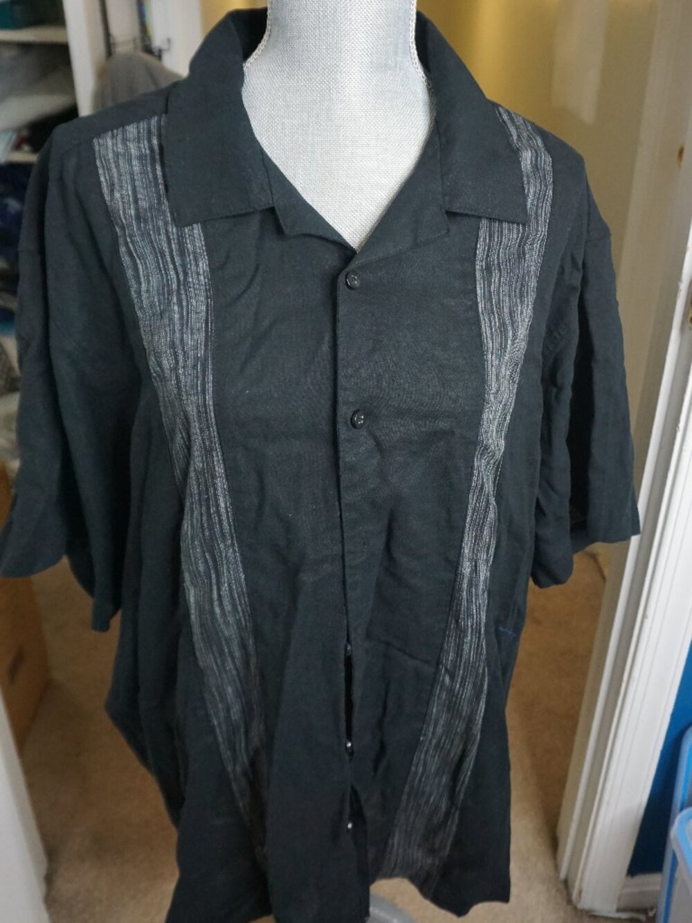 Haggar Men's XXL Black Linen Blend Vertical Stripe Panel Camp Bowling Shirt 2XL